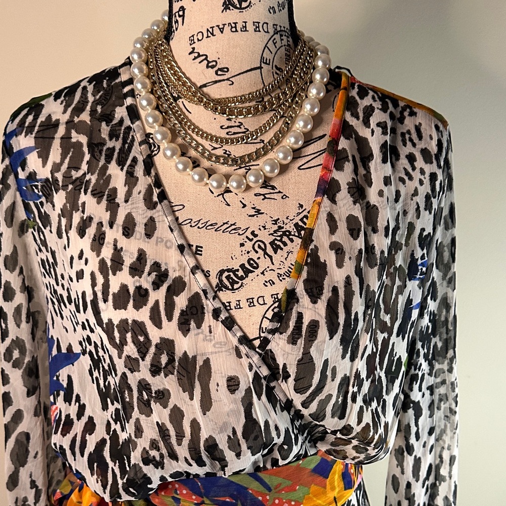 Chic Long Sleeve Leopard Print Maxi Dress with Vibrant Accents - Picture 2 of 16